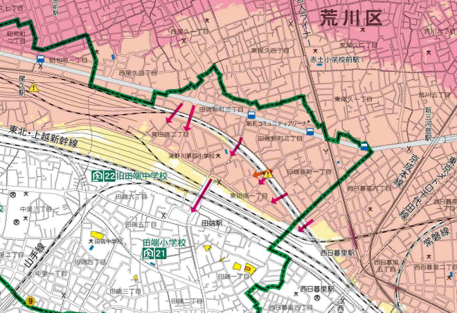 ハザードマップによるJR田端駅周辺の洪水リスク
